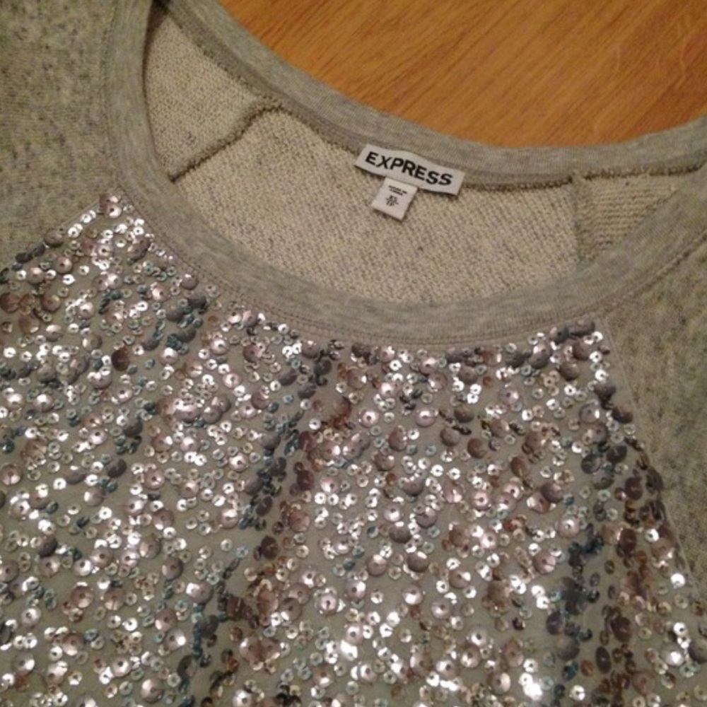 Express Gray/Silver Raglan Sequin Front Sweatshirt - image 3